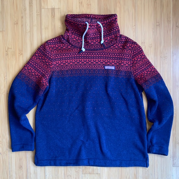 Vineyard Vines Hi Neck Sweater Fleece Womens Medium Blue Red Fair Isle Pullover - Picture 2 of 12